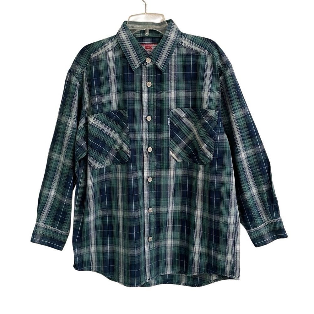 Levi’s Y2K green plaid button up flannel shirt boys L 16/18 New Deadstock